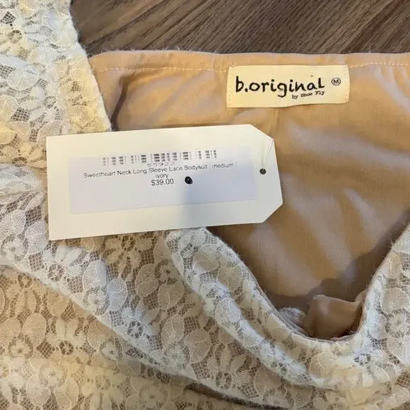 b.original Lace Bodysuit Medium Ivory Sweetheart Neck Boho Cottagecore Top - Picture 7 of 7